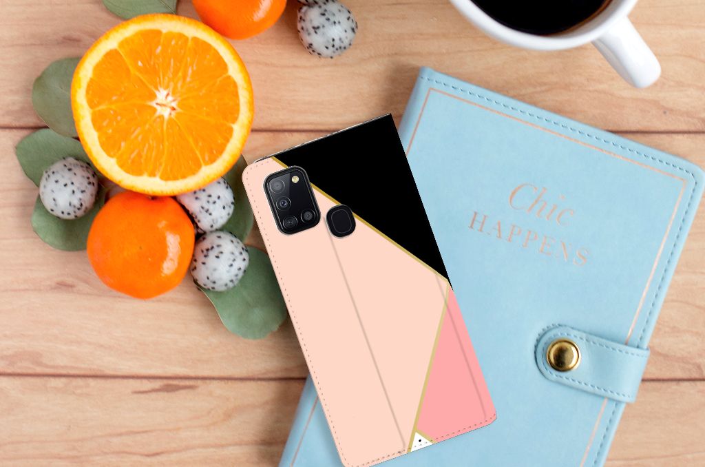 Samsung Galaxy A21s Stand Case Zwart Roze Vormen - B2C Telecom