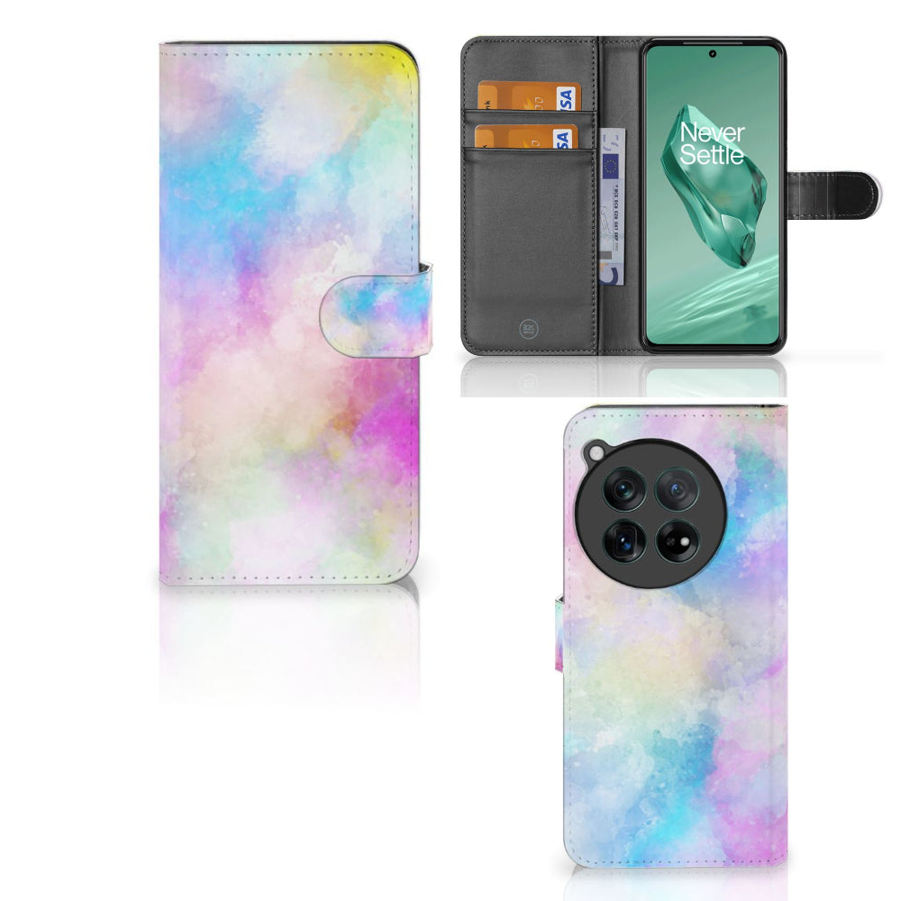 Hoesje OnePlus 12 Watercolor Light met pastelkleuren en pasjeshouder, unieke en rustige uitstraling.