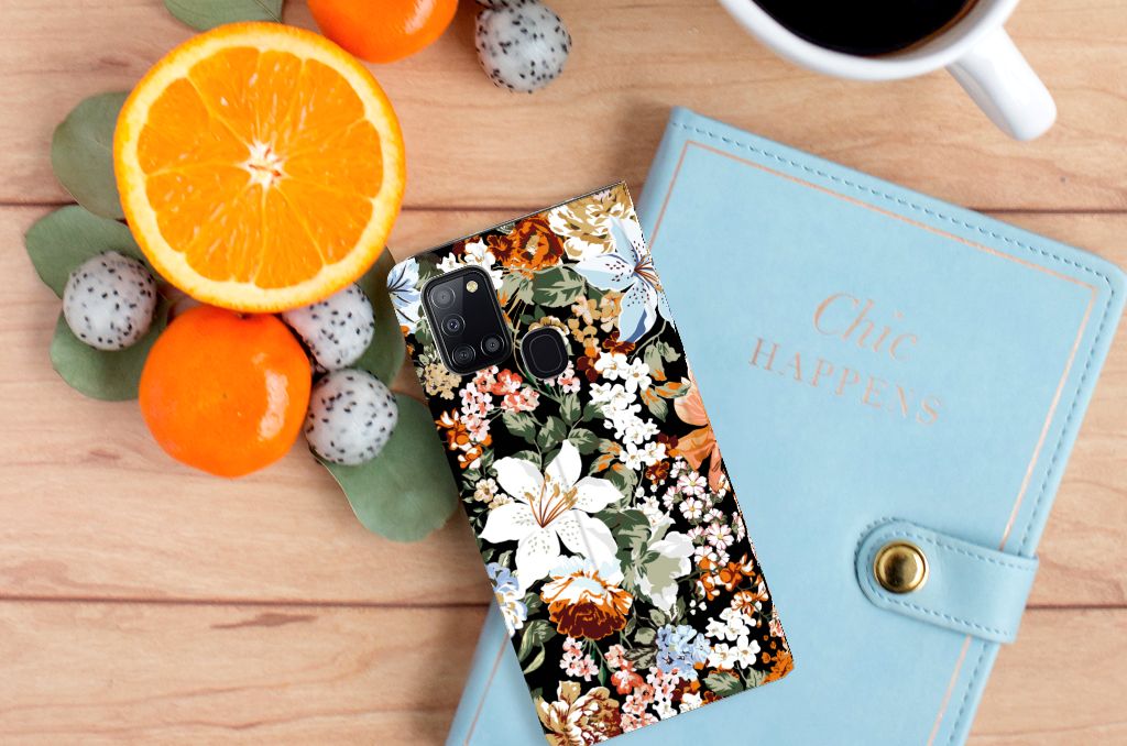 Smart Cover voor Samsung Galaxy A21s Dark Flowers - B2C Telecom