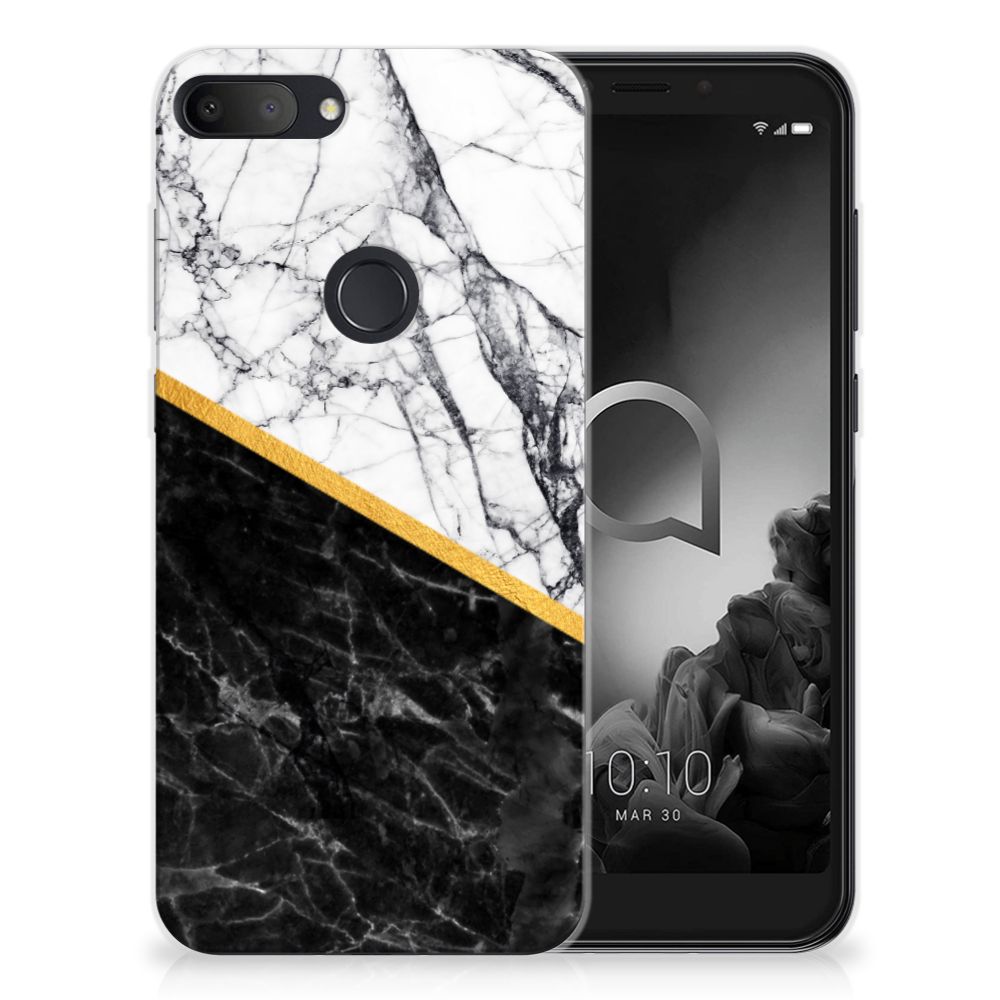 Alcatel 1S (2019) TPU Siliconen Hoesje Marmer Wit Zwart - Origineel Cadeau Man
