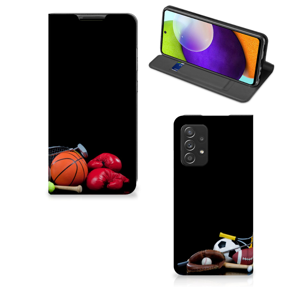 Samsung Galaxy A52 Hippe Standcase Sports met sportafbeeldingen van basketbal, voetbal en boksen.