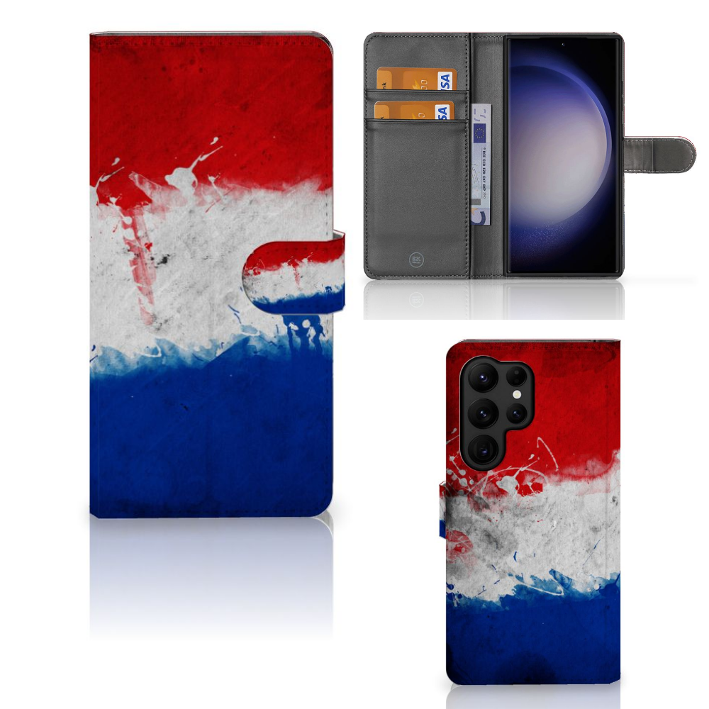 Samsung Galaxy S23 Ultra Bookstyle Case Nederland met design van de Nederlandse vlag en plek voor pasjes.