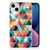 iPhone 15 Plus TPU bumper Geruit met een kleurrijk driehoekig patroon en transparante achtergrond.