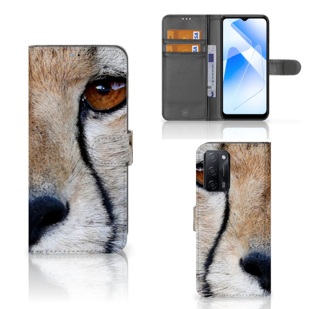 OPPO A16/A16s/A54s Telefoonhoesje met Pasjes Cheetah met close-up van cheeta oog en pasjesruimte