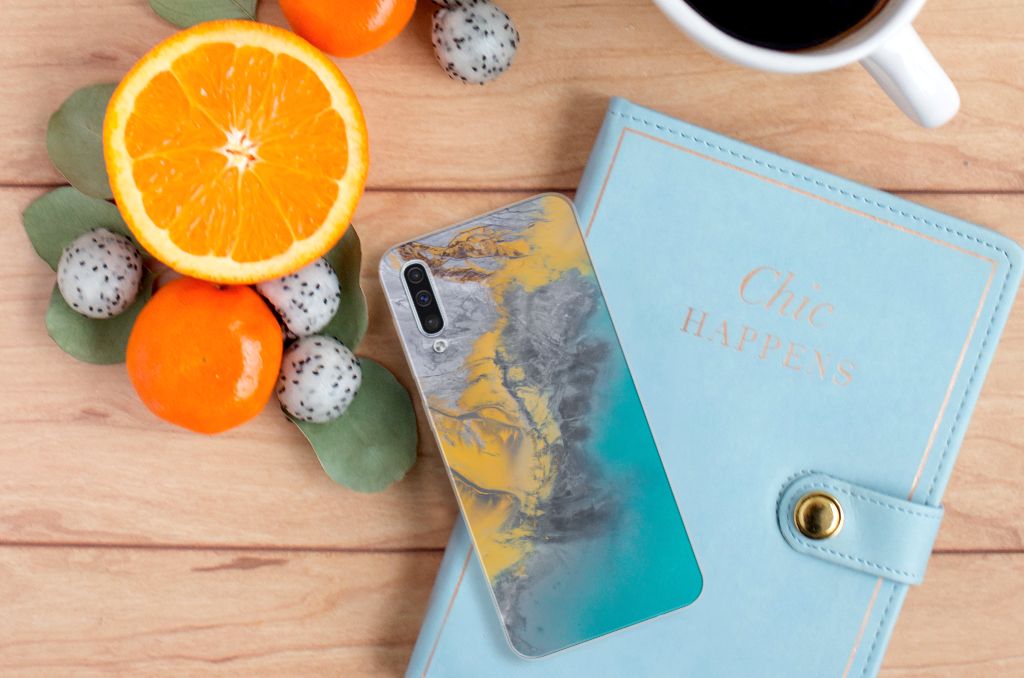 Samsung Galaxy A50 TPU Siliconen Hoesje Marble Blue Gold