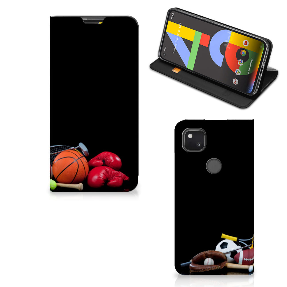 Google Pixel 4a Hippe Standcase Sports met diverse sportattributen zoals basketbal en bokshandschoenen.