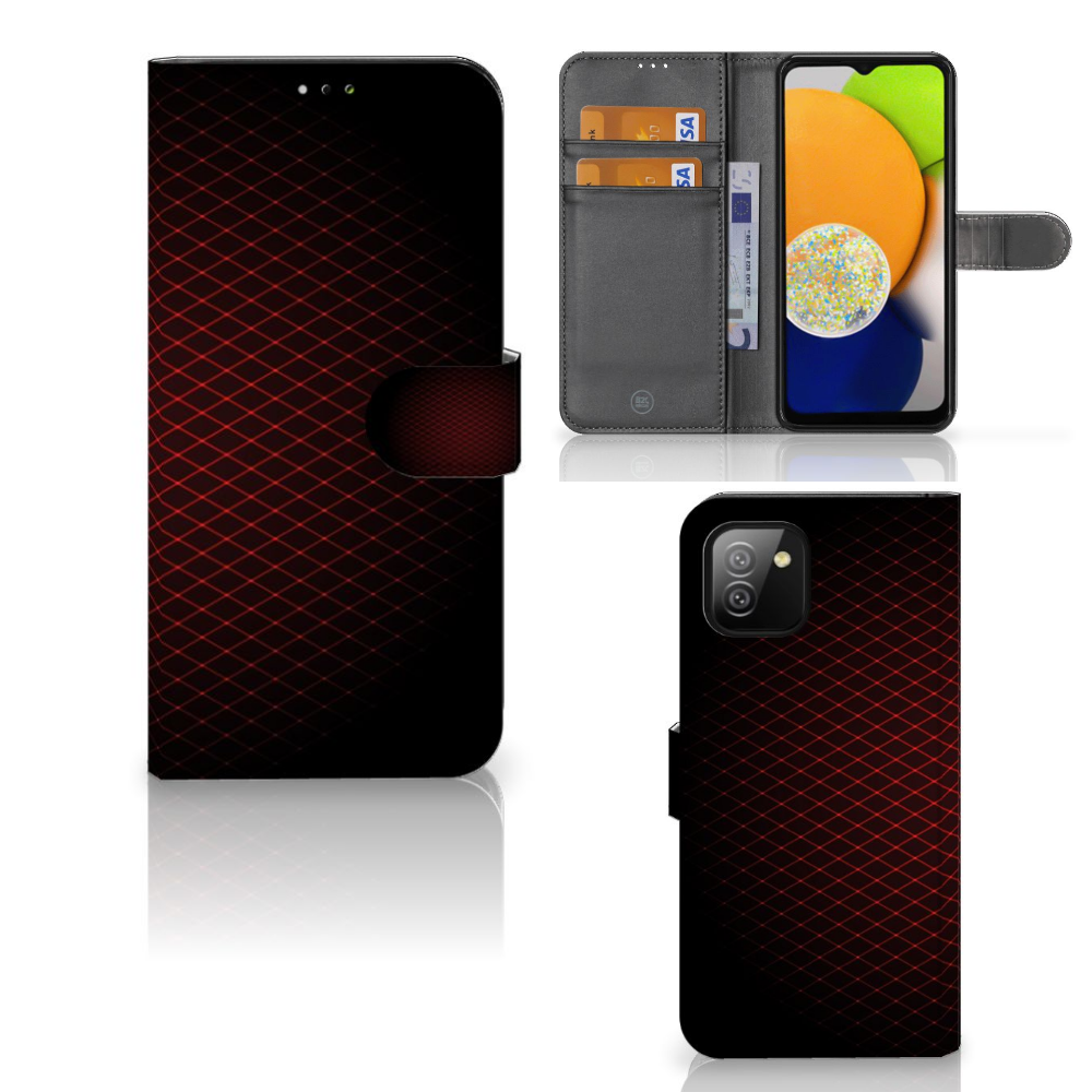 Samsung Galaxy A03 Telefoon Hoesje Geruit Rood met ruimte voor 3 pasjes en strak minimalistisch design.