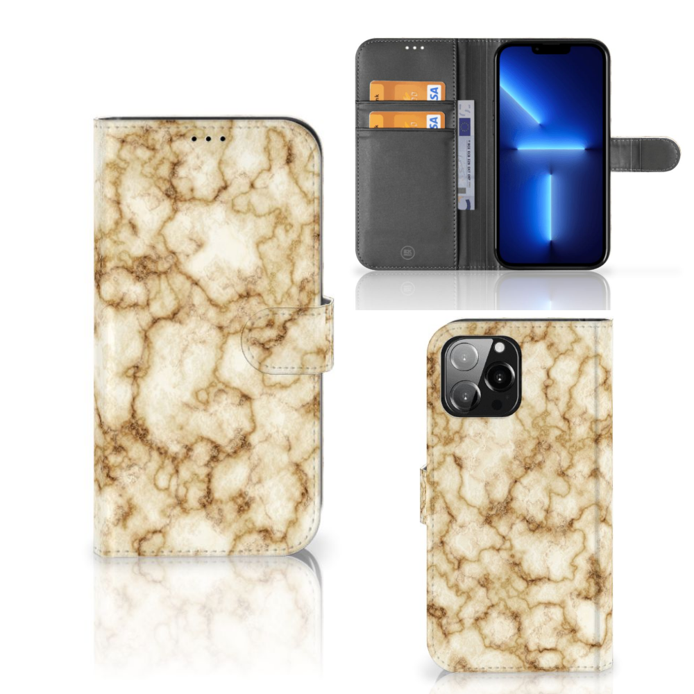 iPhone 13 Pro Max Bookcase Marmer Goud met elegant marmerdesign en opbergruimte voor kaarten đą