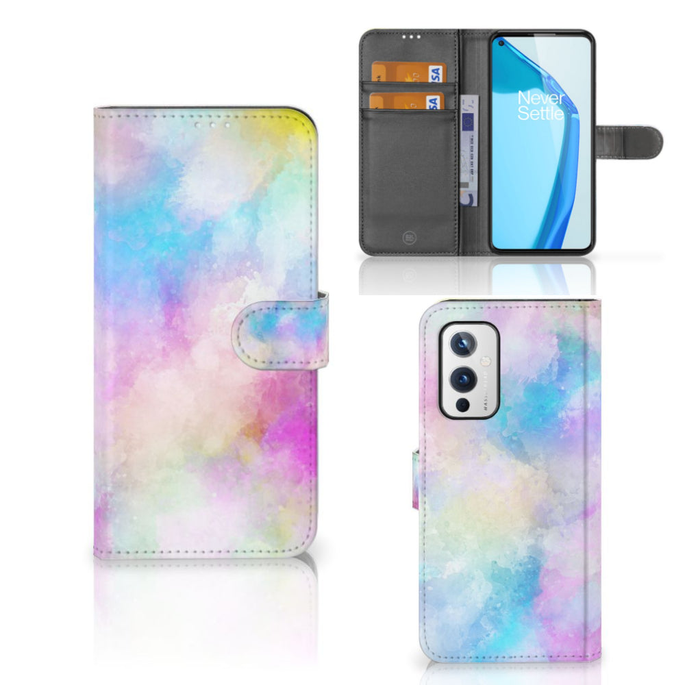 Hoesje OnePlus 9 Watercolor Light met pasteltinten en pasjeshouder, uniek en kleurrijk ontwerp.