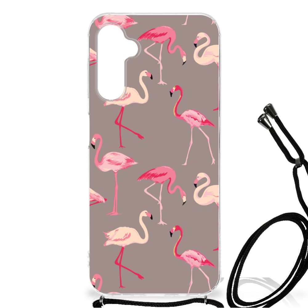 Samsung Galaxy A14 5G Case Anti-shock Flamingo design with colorful flamingos on a gray background.