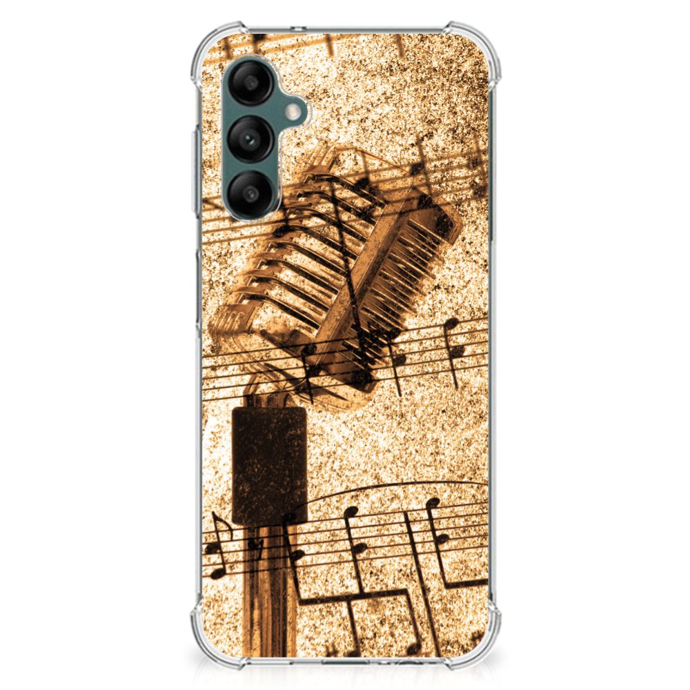 Samsung Galaxy A14 5G/4G Anti-shock Hoesje met foto Bladmuziek met vintage muzieknoten en microfoon design.