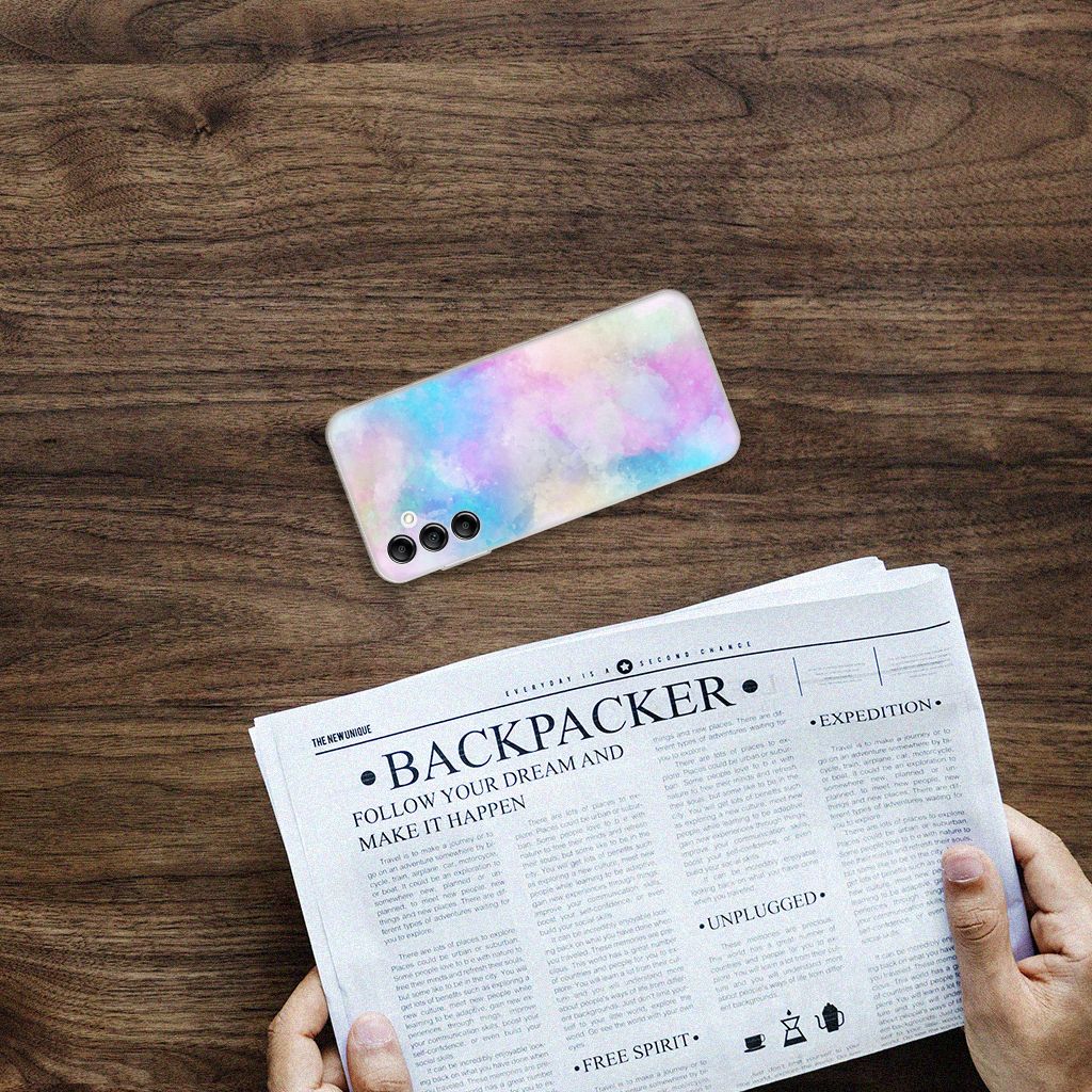 Hoesje maken Samsung Galaxy A14 5G Watercolor Light design op een houten tafel met een krant ernaast.