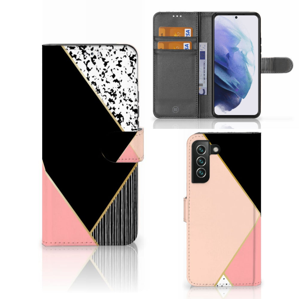 Samsung Galaxy S22 Plus Book Case Zwart Roze Vormen