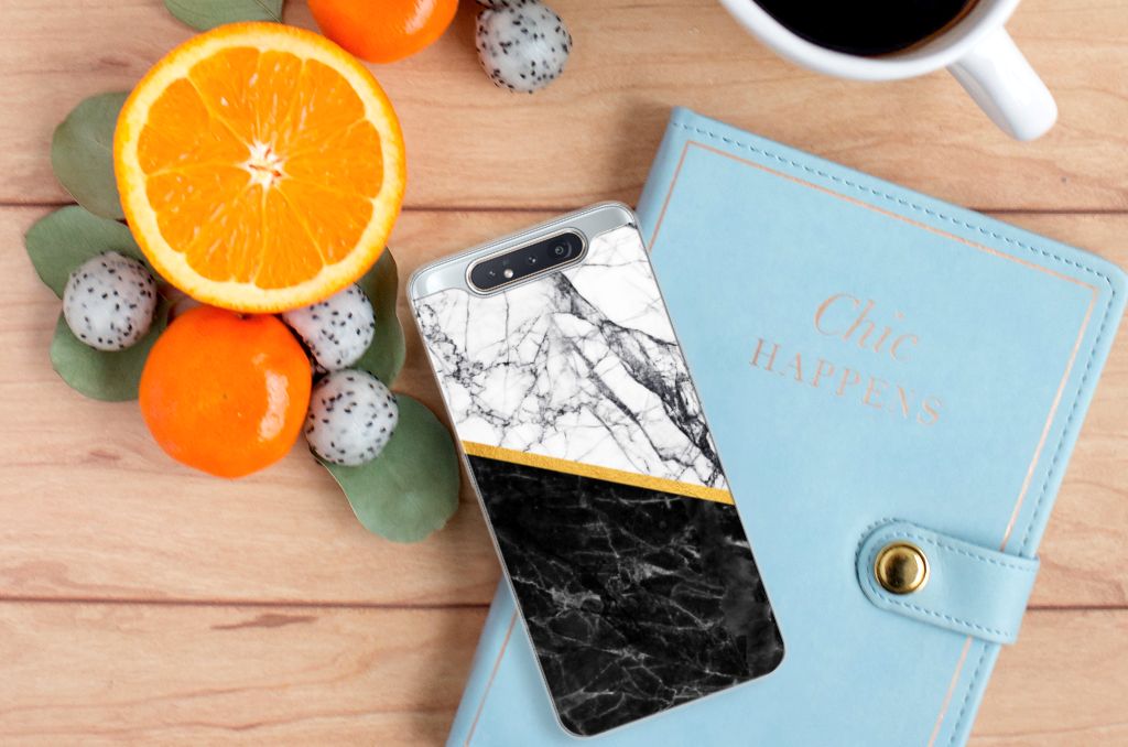 Samsung Galaxy A80 TPU Siliconen Hoesje Marmer Wit Zwart - Origineel Cadeau Man