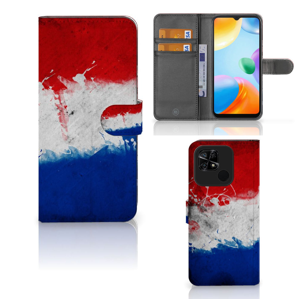 Xiaomi Redmi 10C Bookstyle Case Nederland met artistiek design van de Nederlandse vlag en vakjes voor pasjes.