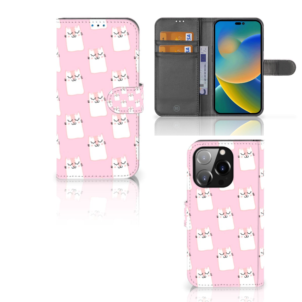 iPhone 14 Pro Telefoonhoesje met Pasjes Sleeping Cats design in roze kleur met schattige katjes đą.