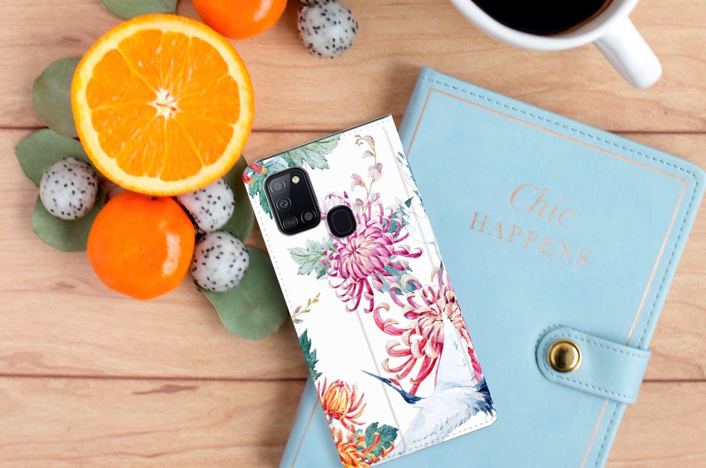 Samsung Galaxy A21s Hoesje maken Bird Flowers - B2C Telecom
