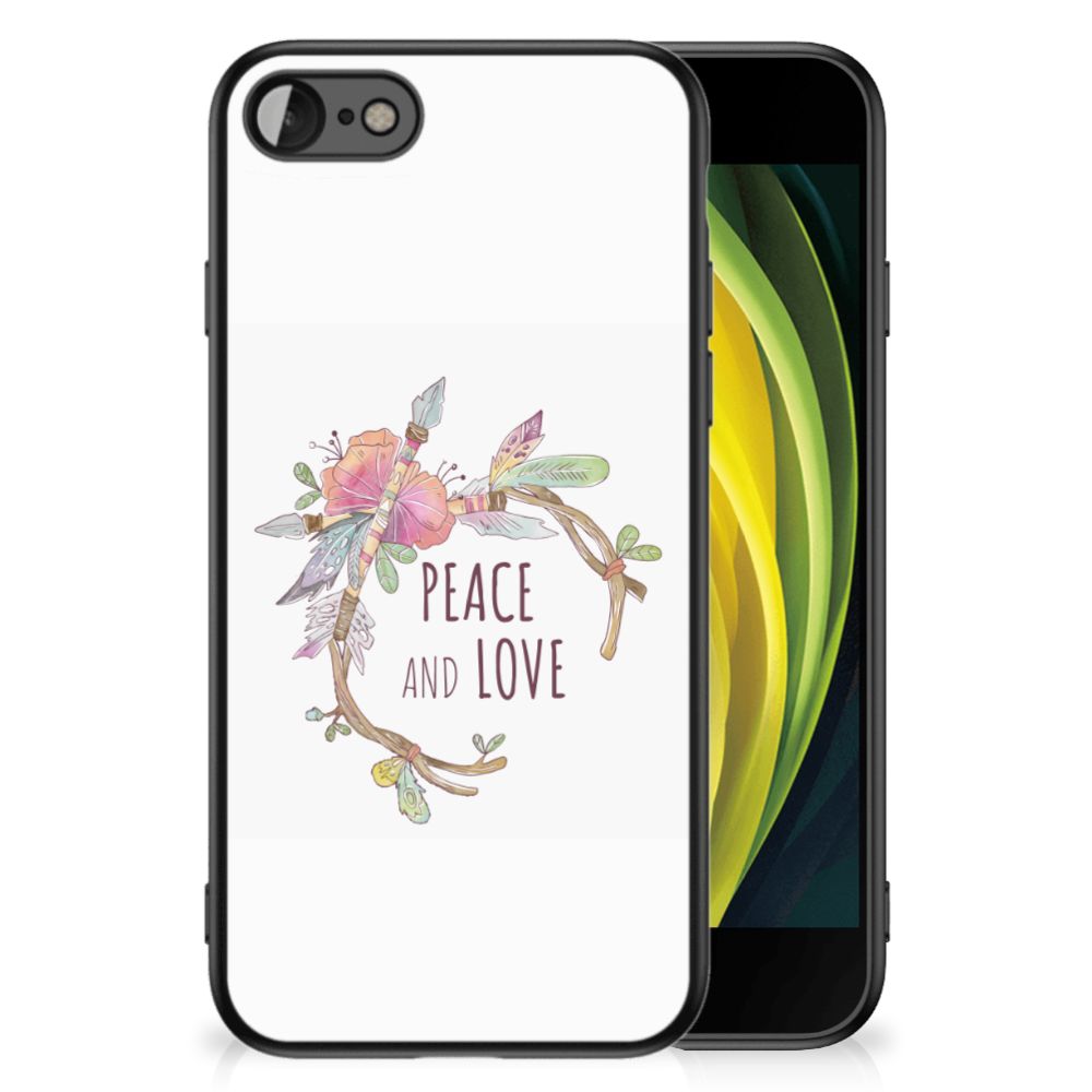 iPhone SE 2022 | SE 2020 | 7/8 Hoesje Boho Text met 'Peace and Love' ontwerp en bloemenillustratie.