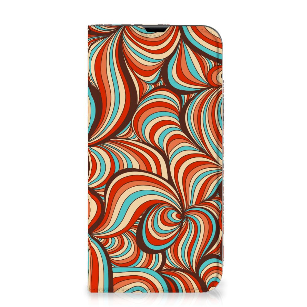 iPhone 13 Pro Max Bookcase Retro met retro kleuren en golfpatroon voor een artistieke uitstraling.
