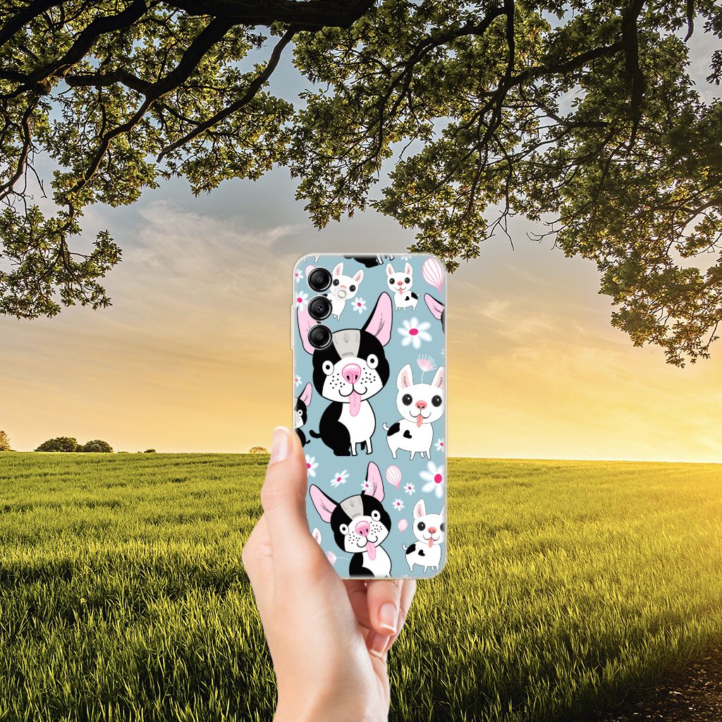 Samsung Galaxy A14 5G TPU Hoesje Hondjes met vrolijke zwarte en witte hondjes in een veld.
