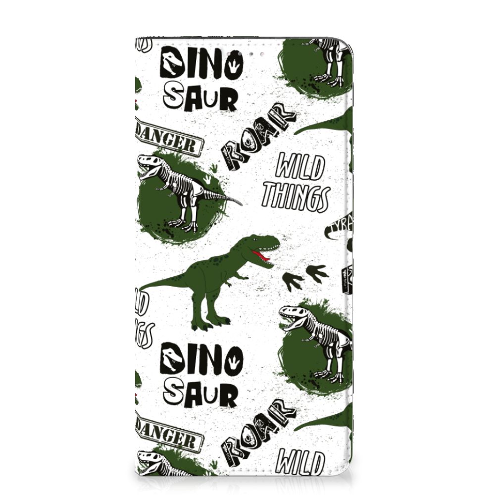 Hoesje maken voor Samsung Galaxy A14 5G Dinosaurus met dino design en grafische elementen zoals skeletten en pootafdrukken.