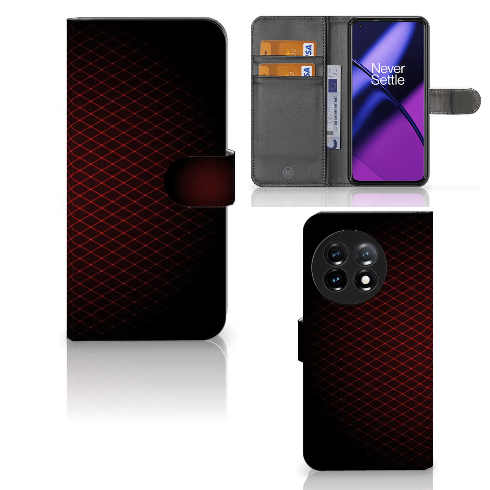 OnePlus 11 Telefoon Hoesje Geruit Rood met ruimte voor 3 pasjes en strak design in rood en zwart.