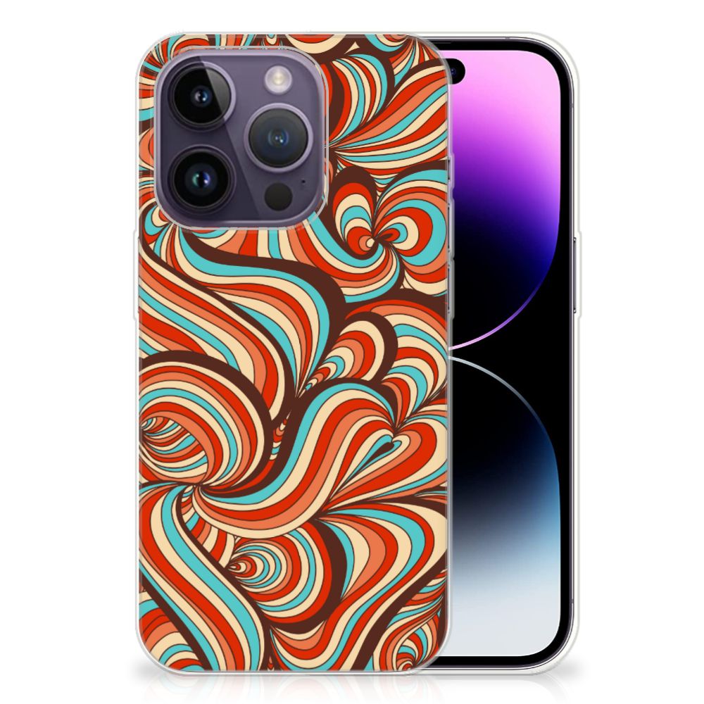 Apple iPhone 14 Pro Hoesje maken Retro met kleurrijke retro swirls in fel oranje en turquoise.