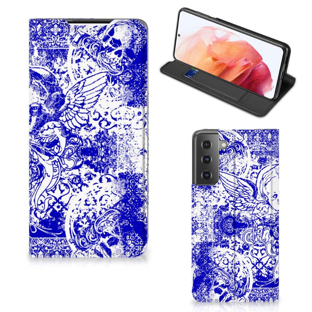 Mobiel BookCase Samsung Galaxy S21 Angel Skull Blauw