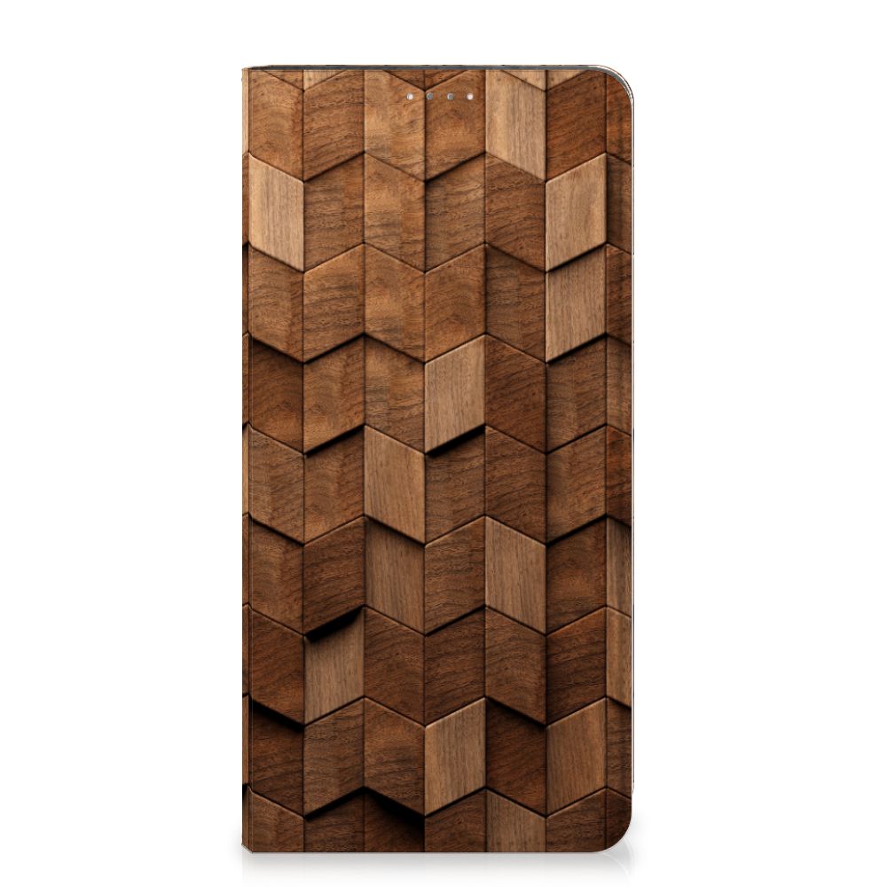 Book Wallet Case voor Samsung Galaxy A14 5G Wooden Cubes met een trendy houten design.