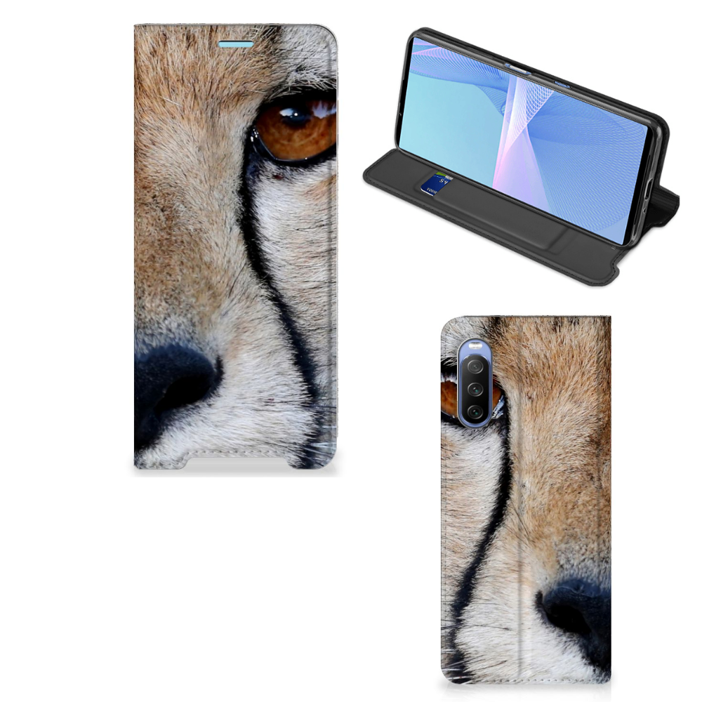 Sony Xperia 10 III Hoesje maken Cheetah met close-up afbeelding van een cheetah gezicht op een stand case.