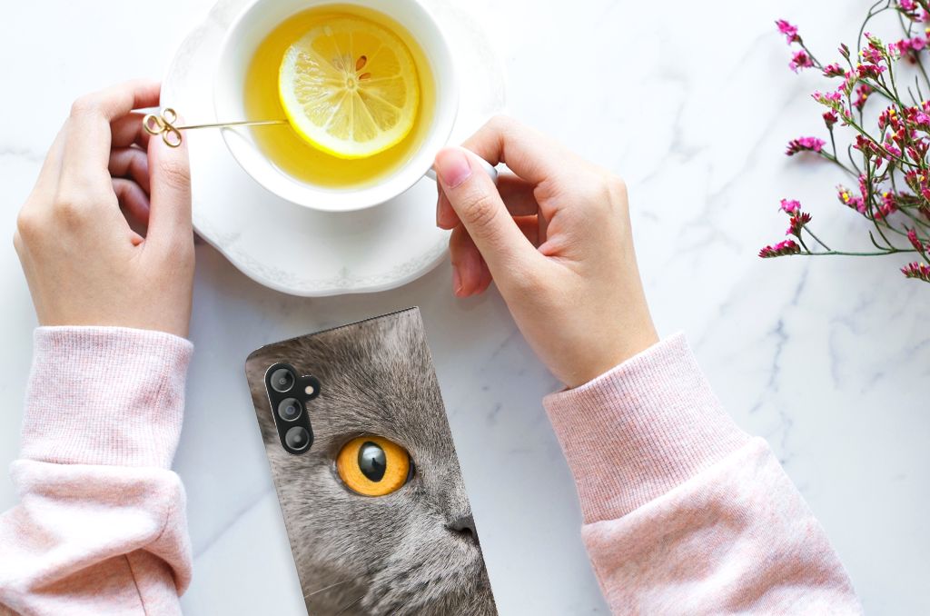 Hoesje maken Samsung Galaxy A14 4G Britse Korthaar met opvallende kattenoog en schattige details.