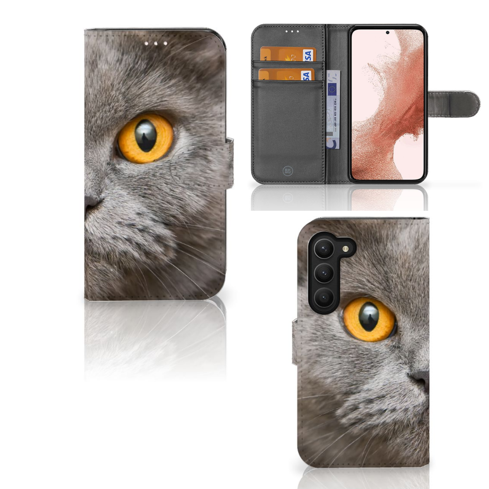 Telefoonhoesje met Pasjes Samsung Galaxy S23 Britse Korthaar met een close-up van een grijze kat met gele ogen.