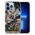 Apple iPhone 13 Pro Siliconen Hoesje met foto Badges met kleurrijke emblemen en badges op een zwart achtergrond.