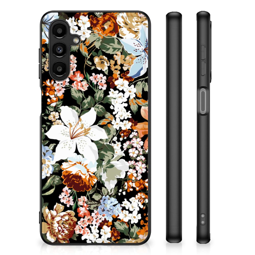 Bloemen Hoesje voor Samsung Galaxy A14 5G Dark Flowers met kleurrijke bloemenprint op zwarte achtergrond.