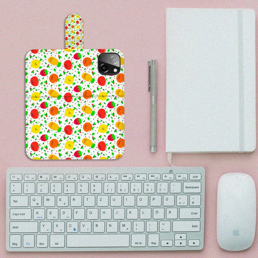 iPhone 13 Mini Book Cover Fruits met kleurrijke fruitdesign zoals aardbeien, sinaasappels en appels đđ.