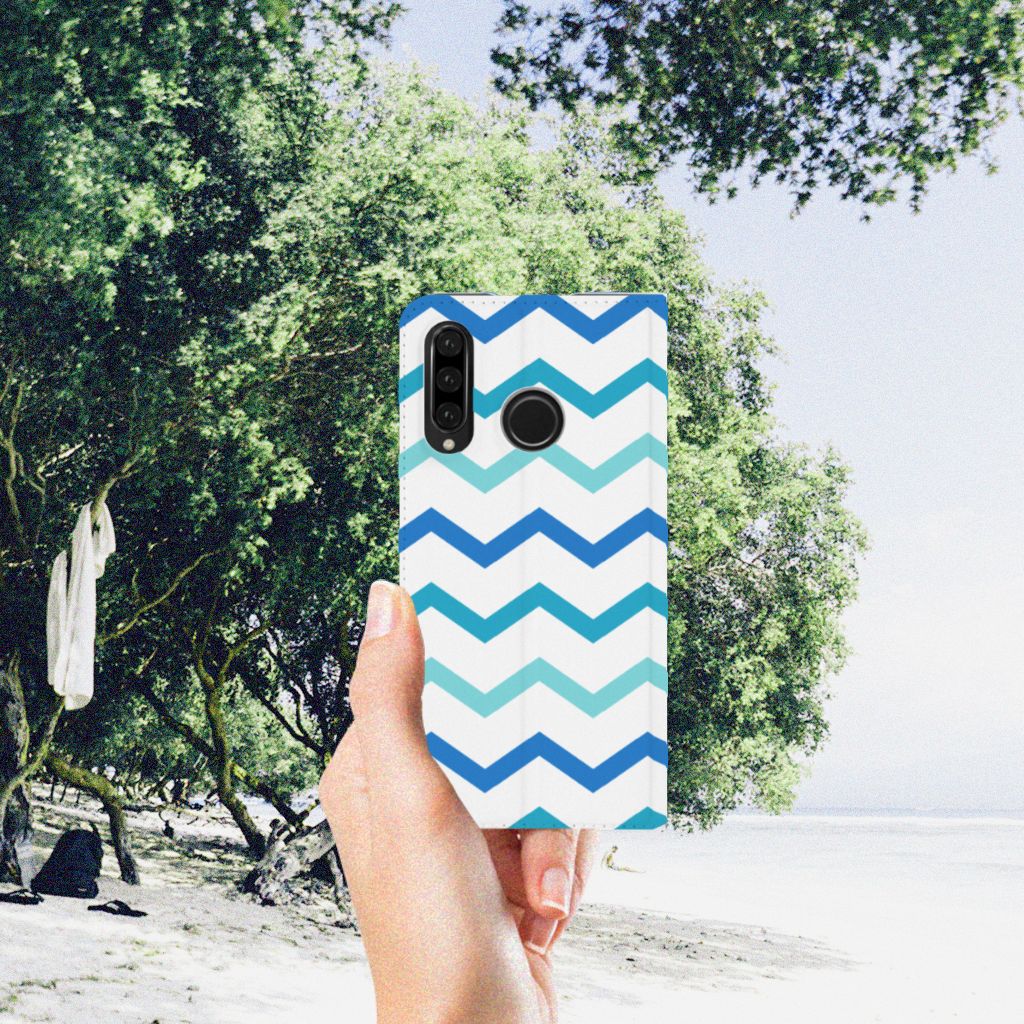 Huawei P30 Lite New Edition Hoesje met Magneet Zigzag Blauw