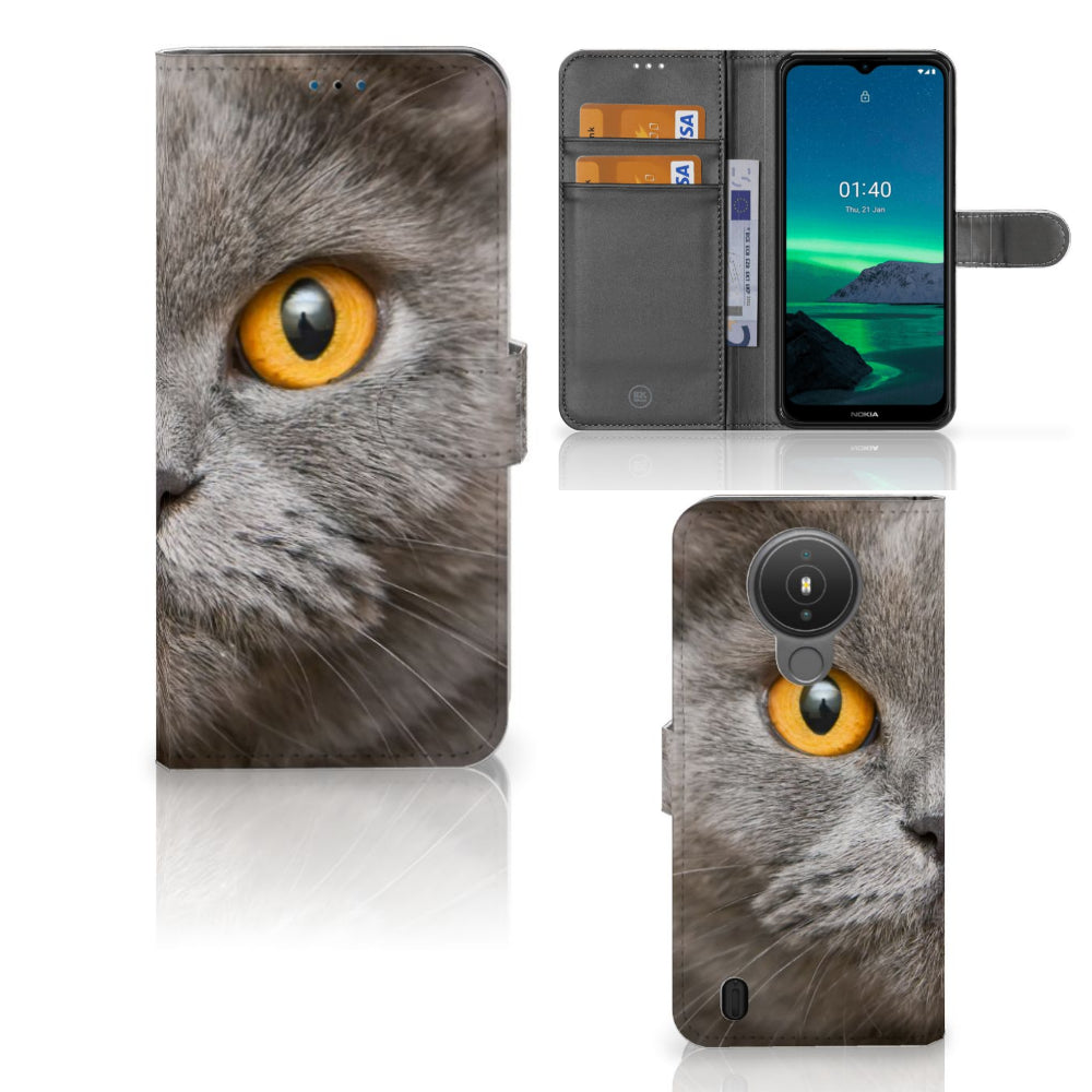Telefoonhoesje met Pasjes Nokia 1.4 Britse Korthaar met afbeelding van een indrukwekkende Britse korthaar kat