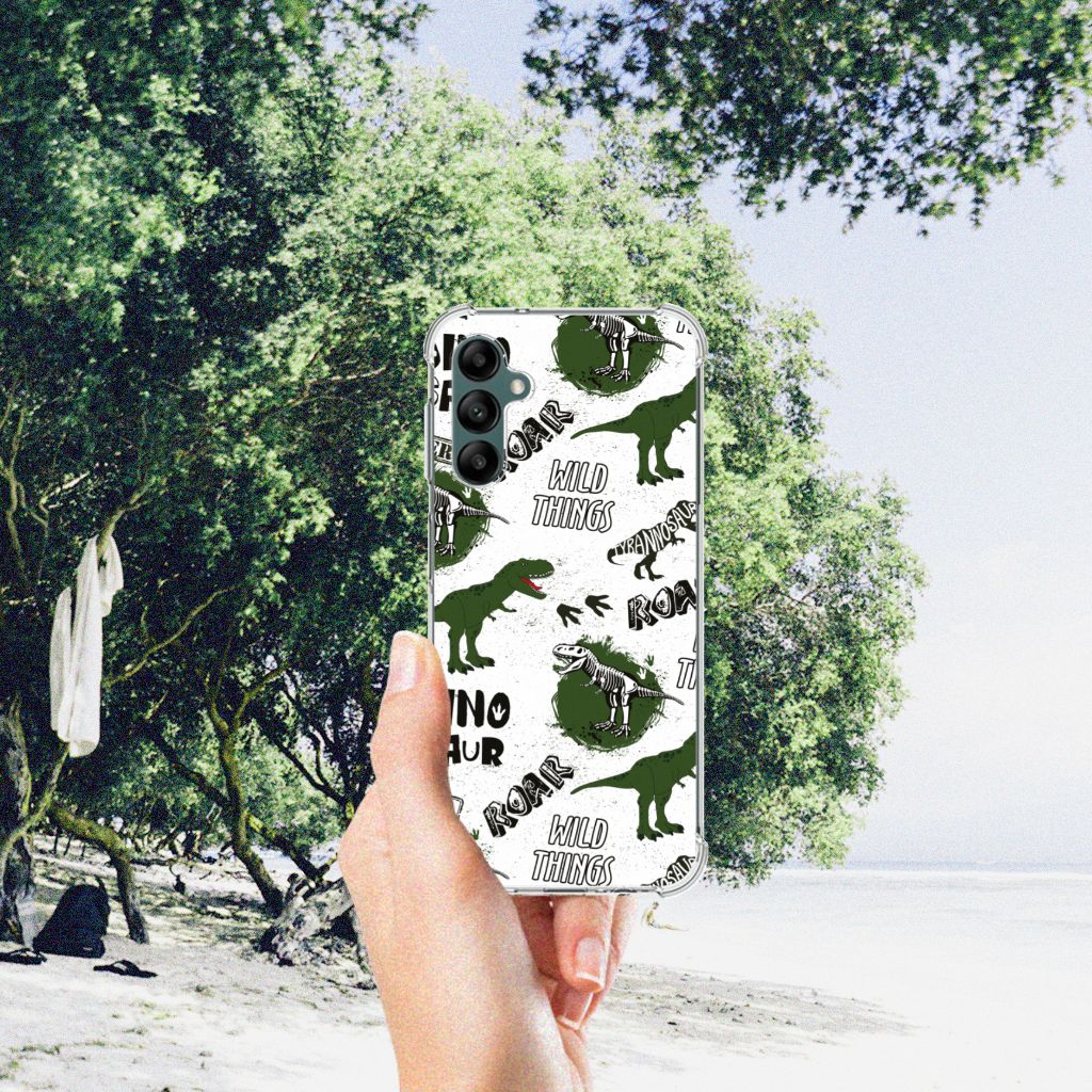 Case Anti-shock voor Samsung Galaxy A14 5G/4G Dinosaurus met dino-design in de hand op het strand.