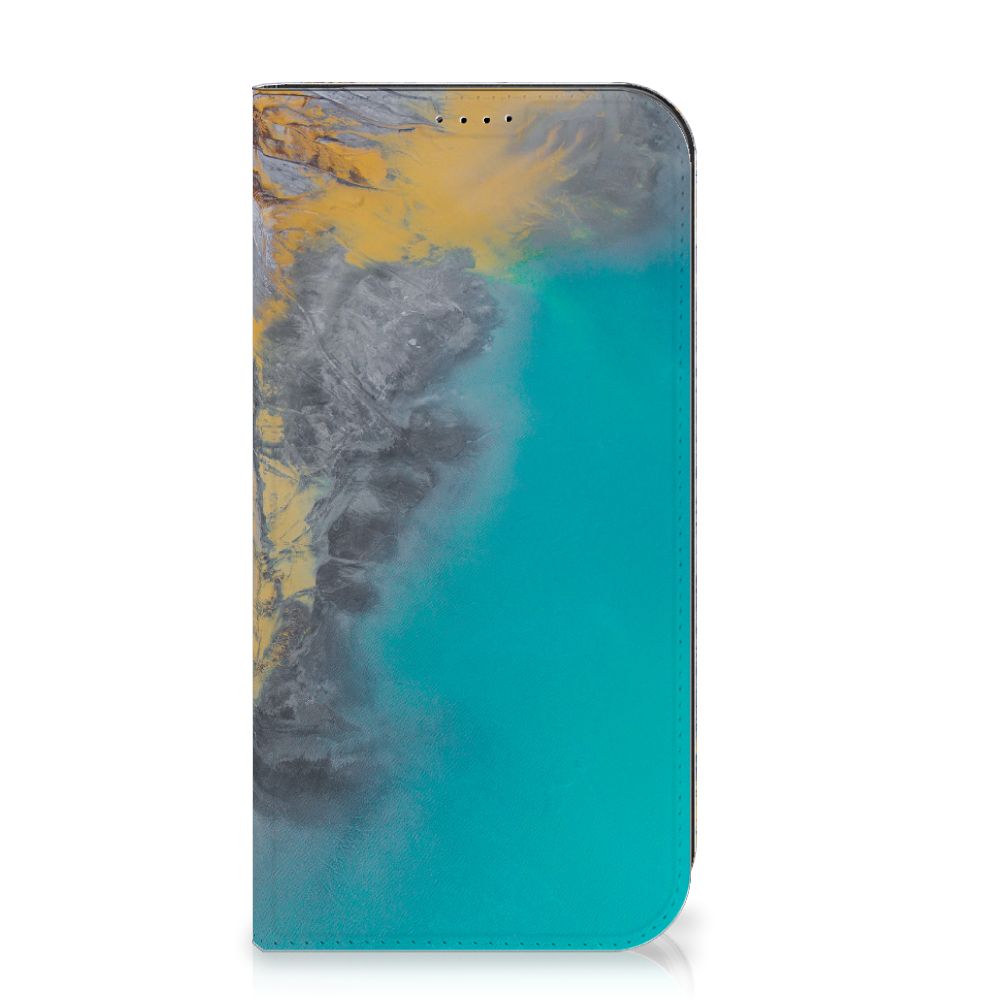iPhone 15 Pro Max Standcase Marble Blue Gold met een prachtig marmerdesign in blauw en goud.