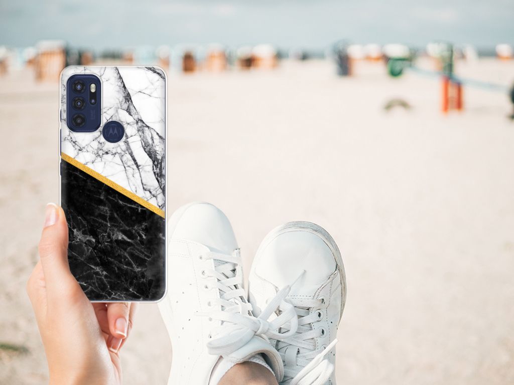 Motorola Moto G60s TPU Siliconen Hoesje Marmer Wit Zwart - Origineel Cadeau Man B2C Telecom