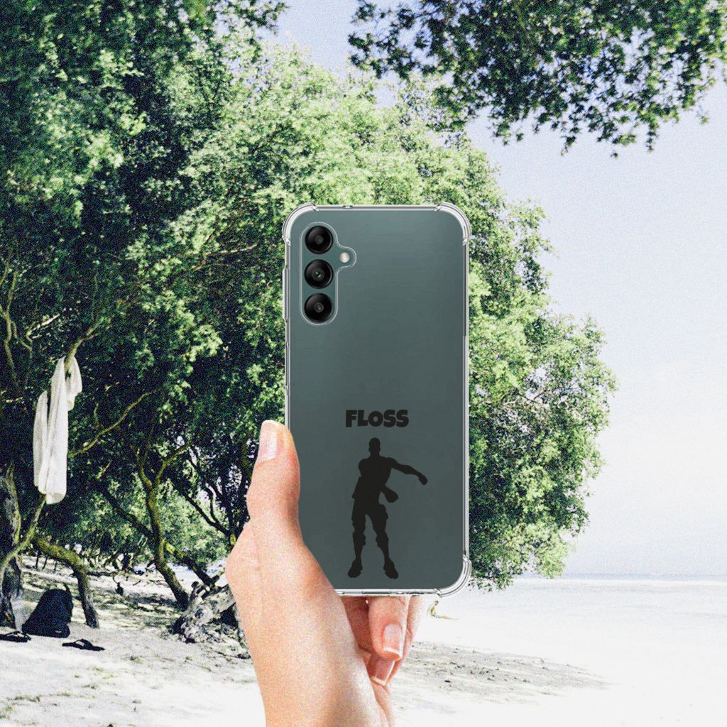 Samsung Galaxy A14 5G/4G Stevig Bumper Hoesje Floss met Floss design op een achtergrond van een strand.