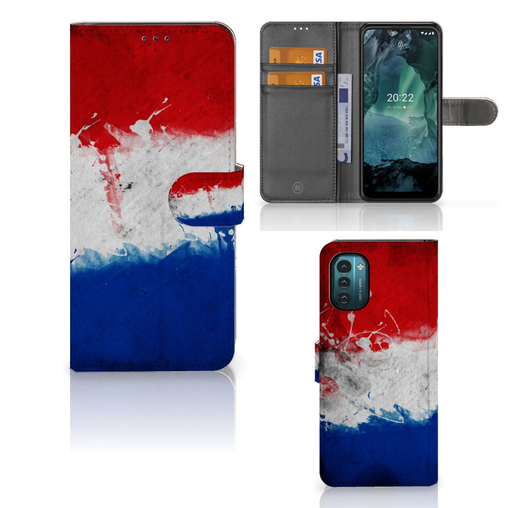 Nokia G11 | G21 Bookstyle Case Nederland met artistiek ontwerp van de Nederlandse vlag en pasjeshouder.