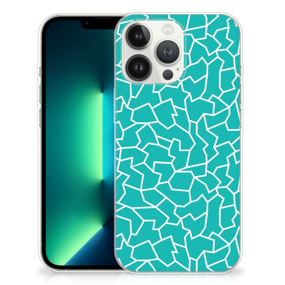 iPhone 13 Pro Max Hoesje maken Cracks Blue met een blauwe achtergrond en witte barsten design.