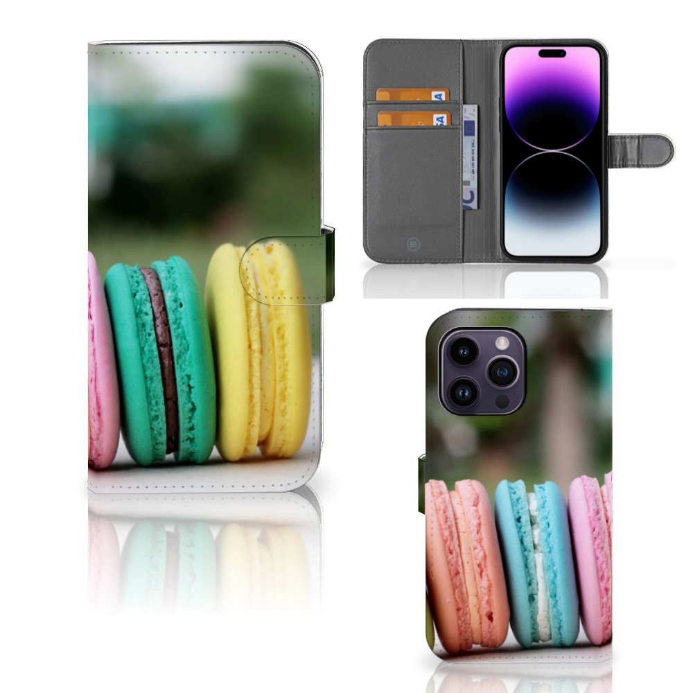 iPhone 15 Pro Max Book Cover Macarons met kleurrijke Franse koekjes in pastelkleuren.