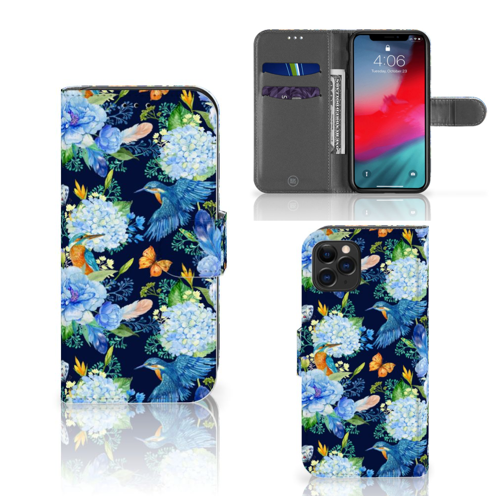 Telefoonhoesje met Pasjes voor Apple iPhone 11 Pro IJsvogel met bloemen en vlinders đ¸.