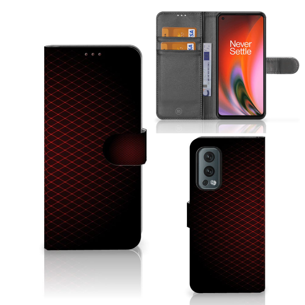 OnePlus Nord 2 5G Telefoon Hoesje Geruit Rood met ruimte voor 3 pasjes en minimalistisch design.