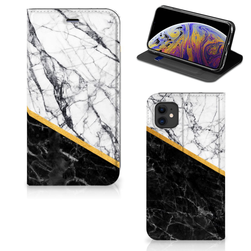 Apple iPhone 11 Standcase Marmer Wit Zwart - Origineel Cadeau Man