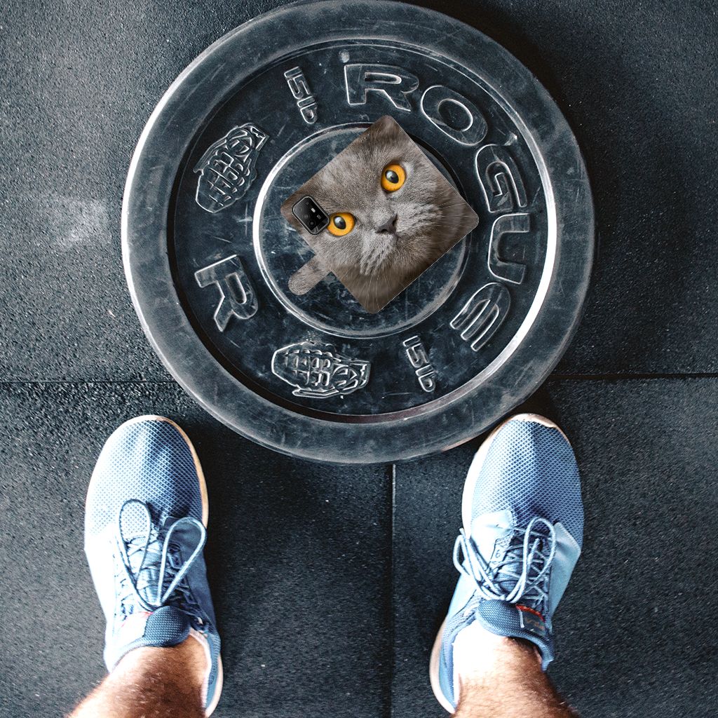 Telefoonhoesje met Pasjes OPPO Reno5 Z | A94 5G Britse Korthaar op een gewichtschijf in de sportschool.