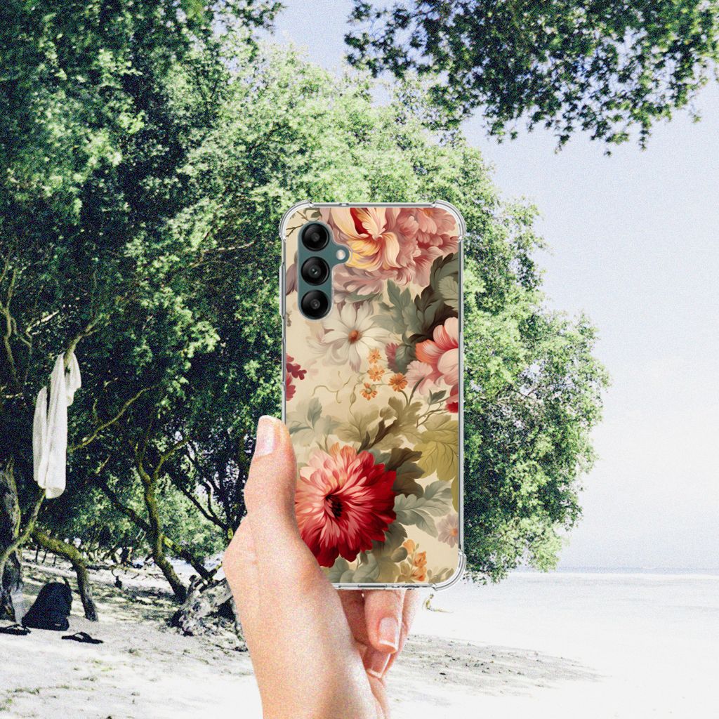 Case voor Samsung Galaxy A14 5G/4G Bloemen in hand met bloemenprint op het strand
