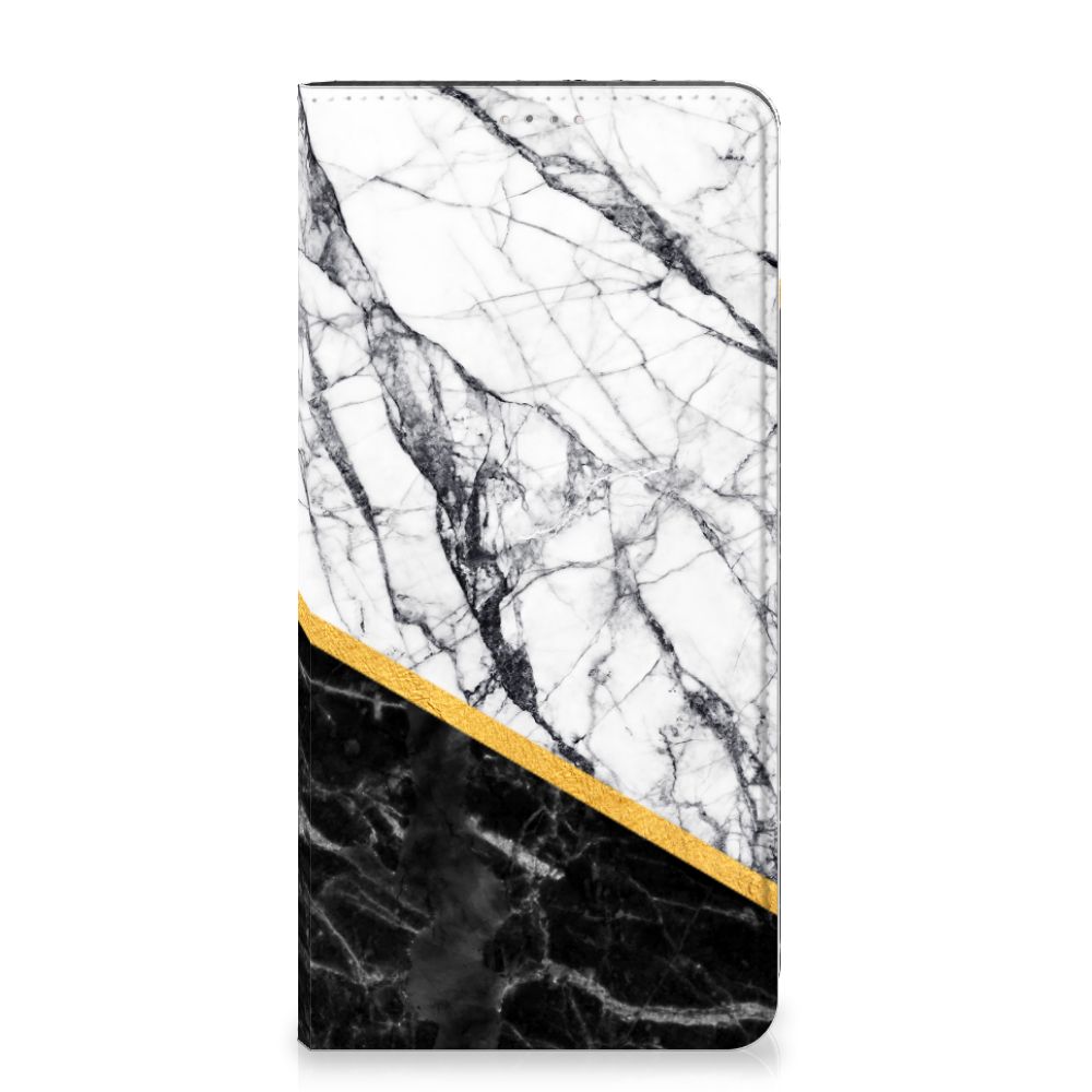 Samsung Galaxy A14 5G Standcase Marmer Wit Zwart - Origineel Cadeau Man met zwartwit marmer en gouden accent